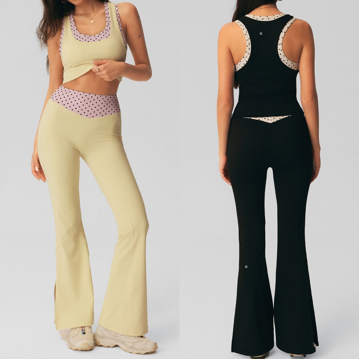 A2986 Gilet de yoga à pois pour femmes avec ceinture contrastée, taille haute, pantalon évasé fendu à pois, vêtements de sport, tenue de yoga pou