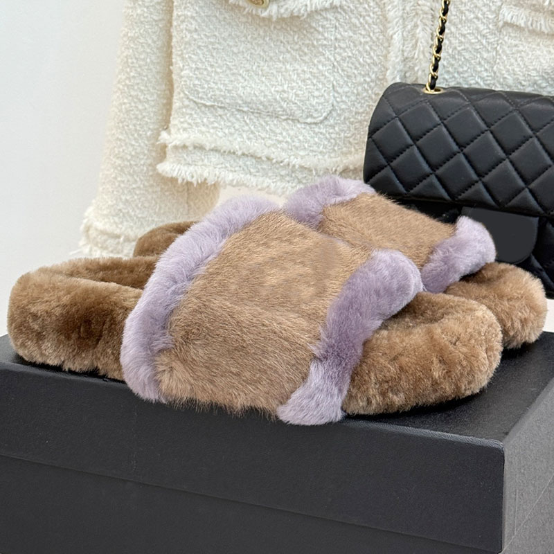 Classic Mule Designer Womens Coffee Purple Contrasting Wide Strip Plush One Word Slippers With Two Color Edge Splicing Fluffy Flat Bottom Wear Warm