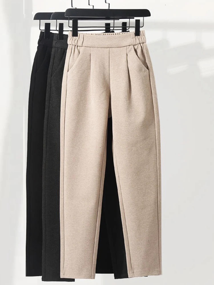 3 Colors Woolen Pant's Harem Pencil 2024 Autumn Winter High Waist Elastic Korean Style Lady Suit Trousers 261015