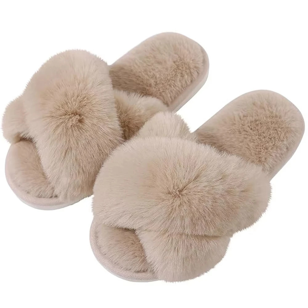 Shevalues Fashion Fluffy Home Slippers For Women Winter Indoor Open Toe Furry Cotton Shoes Casual Furry Cozy Soft Slippers 261016