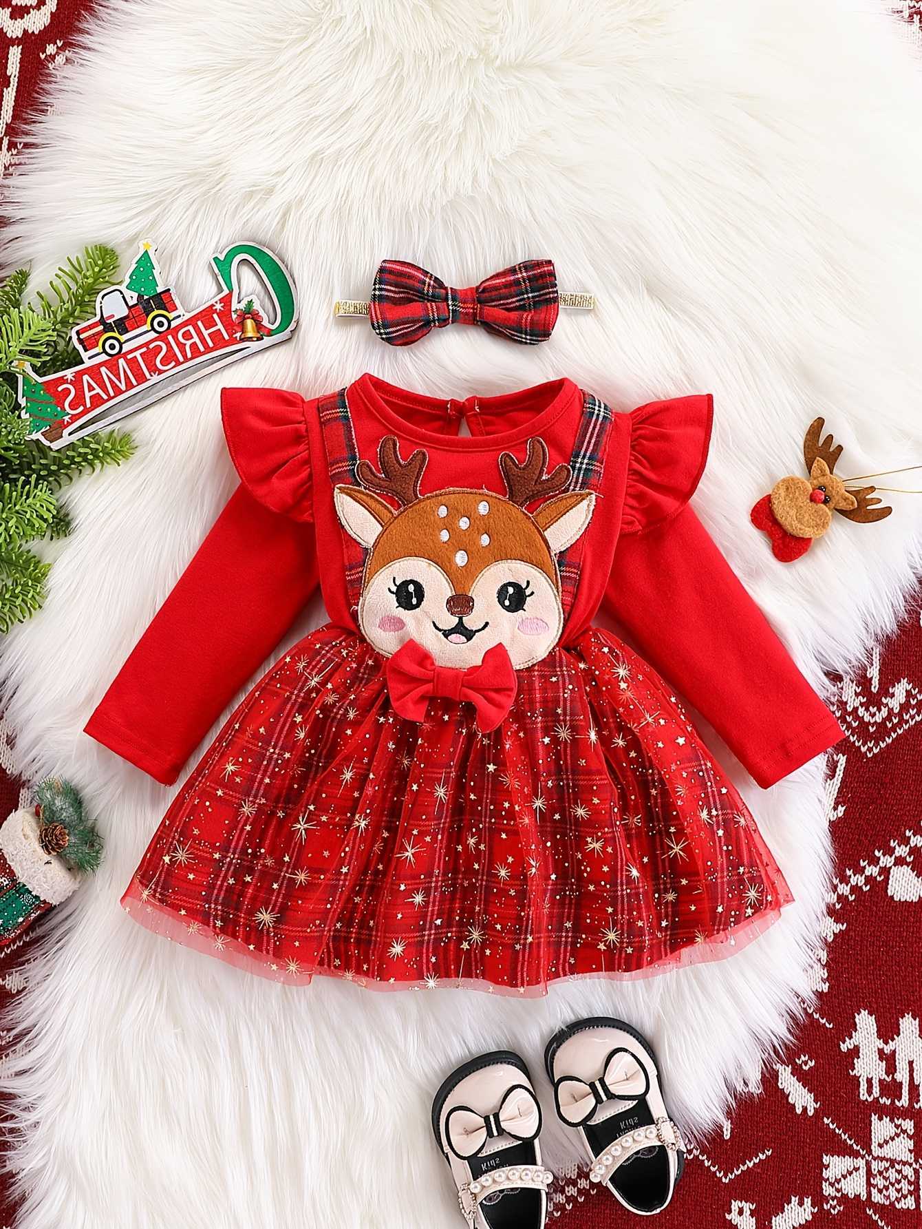 Baby Toddler Girls Christmas Dress Long Sleeve Reindeer Applique Plaid Tulle Skirt Faux Two-Piece Holiday Outfit Red S261016LAUC