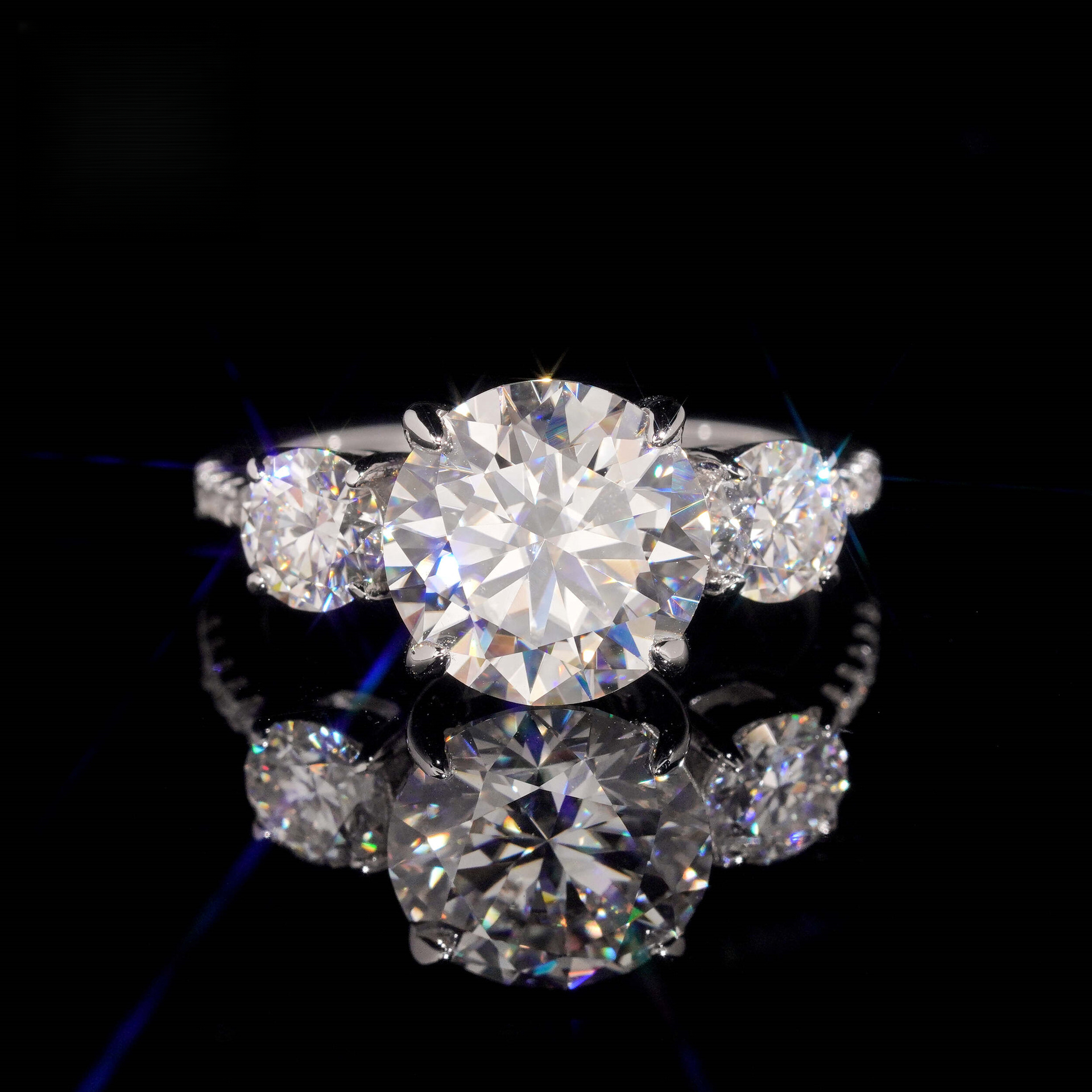 S925 Sterling Silver 4 ct Round Three-Stone Moissanite Ring, Three Lives Stone Engagement Ring