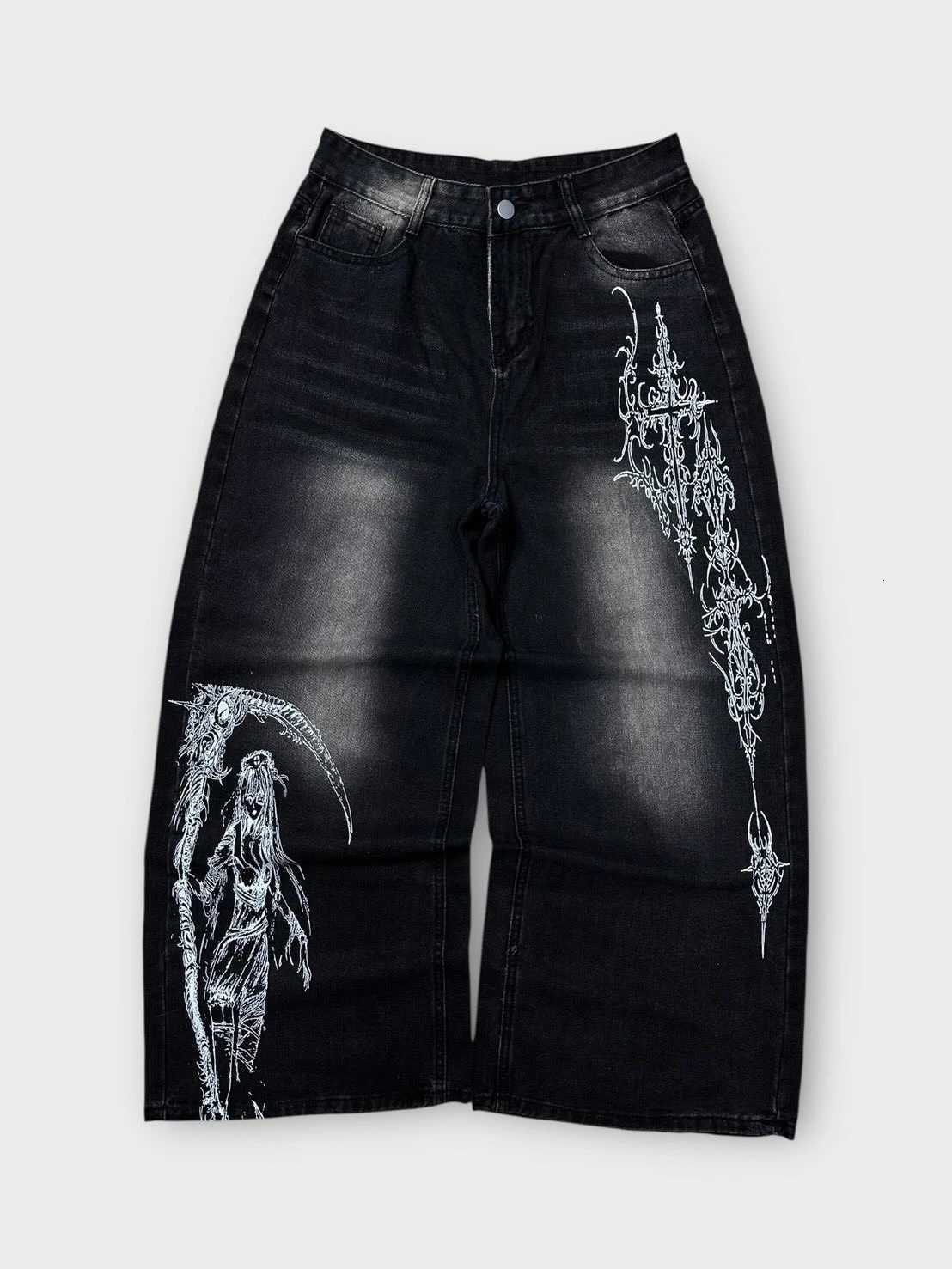 Men's Jeans Y2K Dark Gothic Death Print Baggy Jeans Unisex Streetwear Wide Leg Denim Pants Harajuku Hip Hop Loose FitT261016