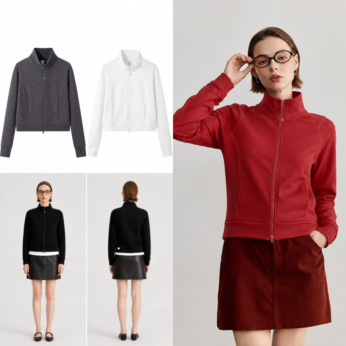 L6696 New Fall/Winter Collection Women's Short-Sleeve Slim-Fit Slimming Sports Jacket with Stand-Up Collar Double Zippers and Fleece Lining