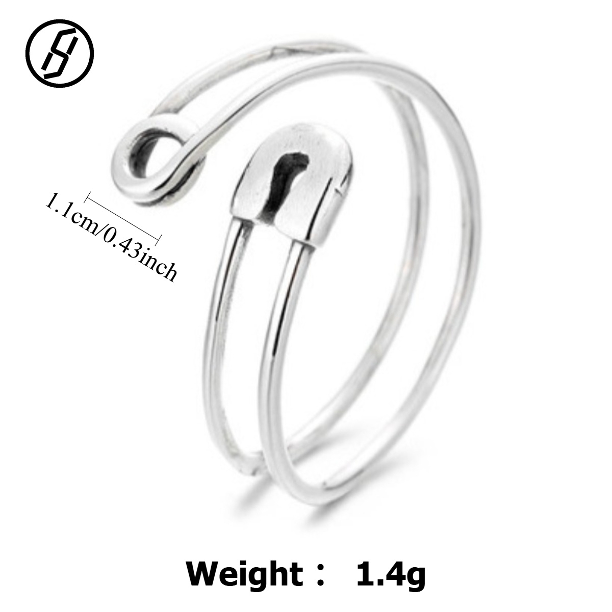 Vintage Oxidized S925 Sterling Silver Safety Pin Ring Adjustable Open Band Punk Rock Edgy Statement Jewelry for Women Designer Ring Wholesale