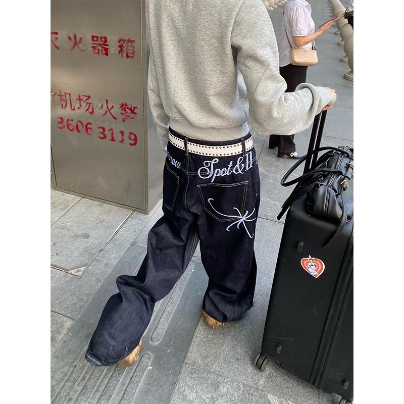 Designer unisexe surdimensionné rétro brodé jambe large jean pour hommes femmes taille basse lâche jambe droite longueur au sol pantalon en denim