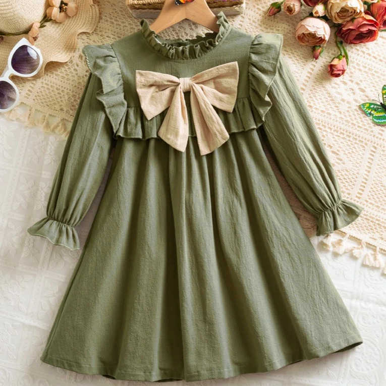Skirt Girls 2026 Spring And Autumn New Childrens Clothes Girls Baby Fashion Preppy Long Sleeve Bow Princess Dress Simple S261016WCB4