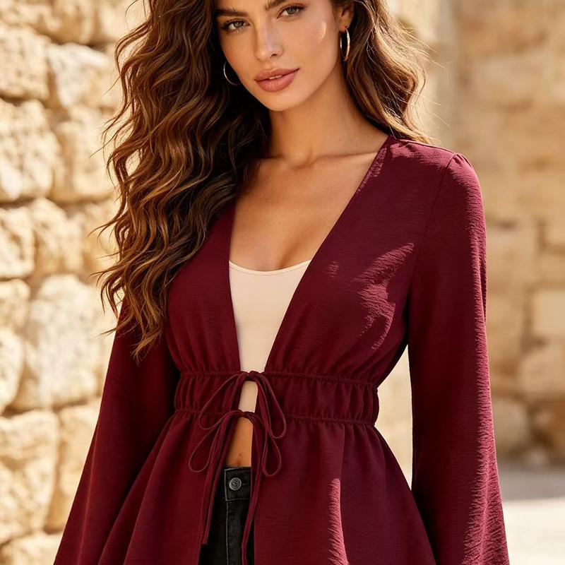 Designer Oversized Streetwear Women 2026 Spring Fall Lace Up Tie Front Long Sleeve V Neck Hollow Out Solid Color Loose Casual Retro Blouse Shirt