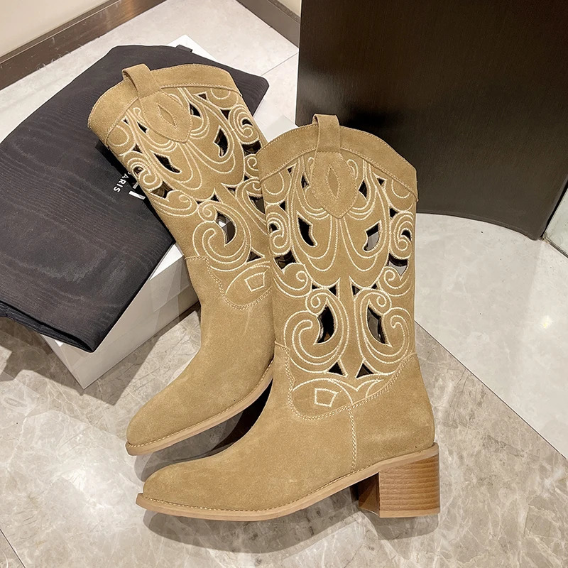 Women Mid Calf Boots Pointed Toe Block Heel Faux Suede Cut Out Embroidery Pull On Vintage Boho Fashion Ladies Casual Boots Shoes 261016