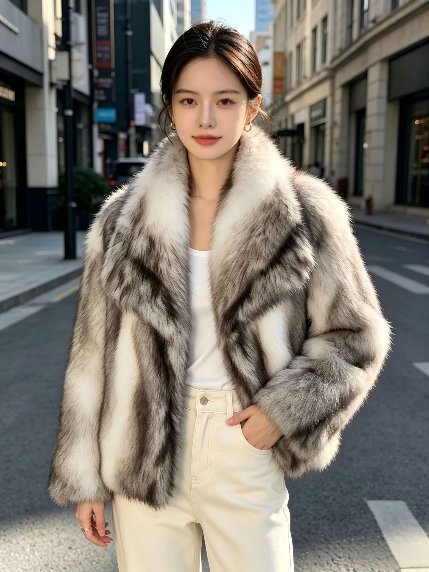Women's Fox Fur Coat, Large Lapel, Color-Blocked Faux Fur, Autumn/Winter,Ladies Fur Coat Fluffy, Slimming, And Youthful Top Honglu