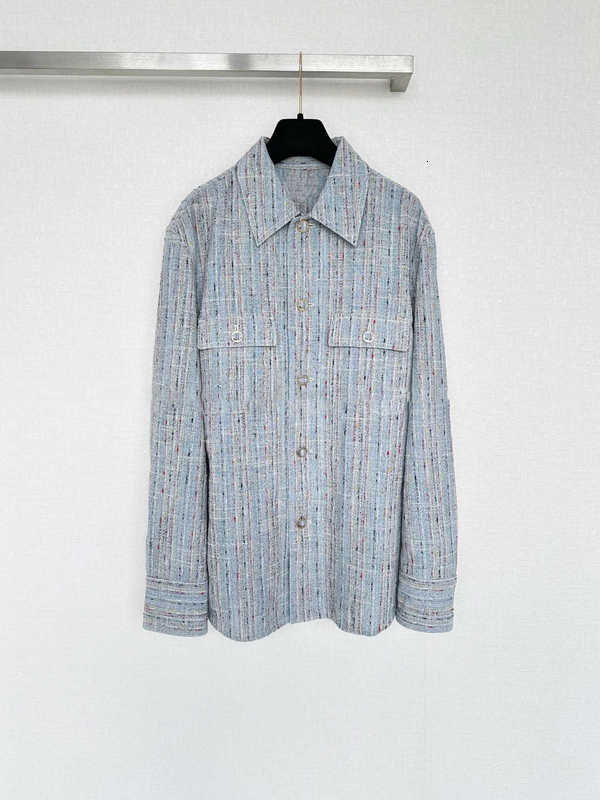 designer Women's Jackets Autumn/Winter New Women's Tweed Shirt, Long Sleeve, Turn-Down Collar, Double Pockets, Loose Fit, Blue Striped Out