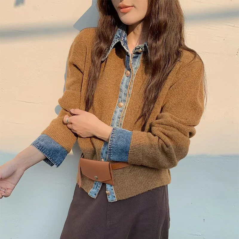 Vintage Denim Patchwork Lapel Sweater Jacket Women Korean Chic Loose Knitted Cardigan Spring Autumn Knitted Sweater Coat 261015