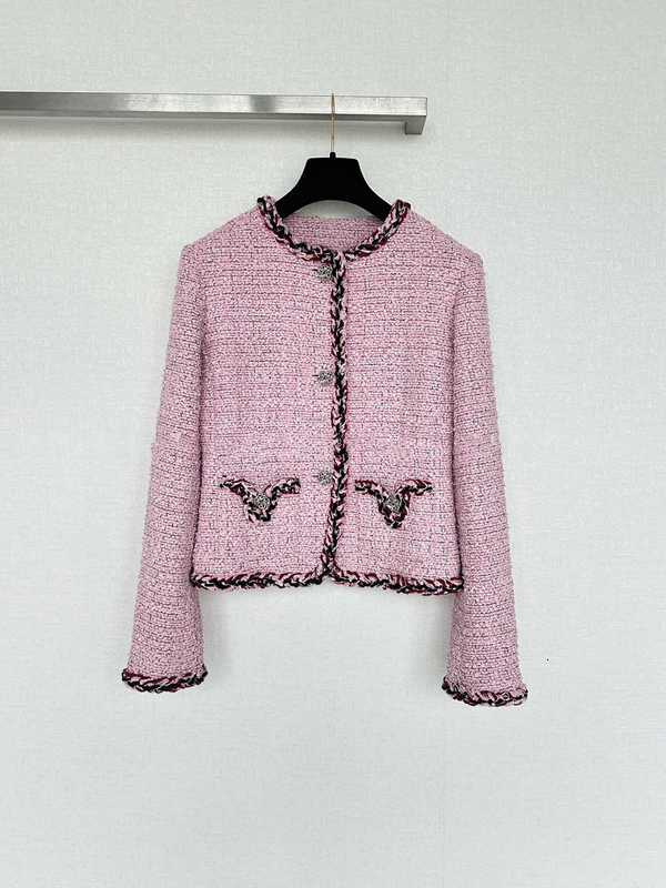 designer Women's Jackets Autumn/Winter New Pink, Round-Neck, Single-Breasted, Trimmed Tweed Short Coat for Women, Luxury Style Wool Coat