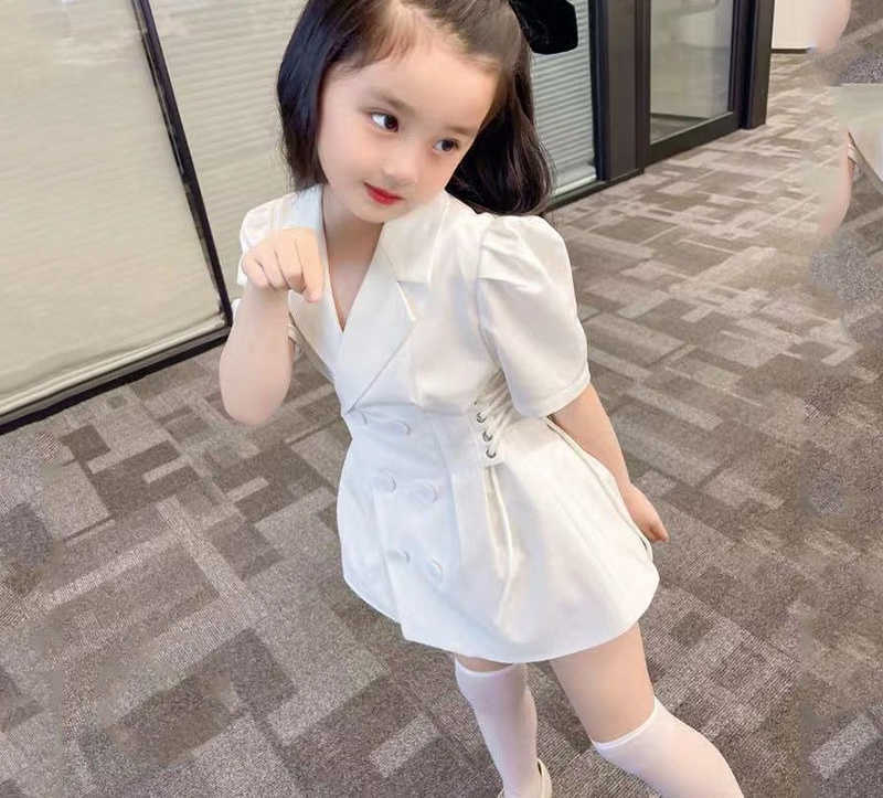 Summer 2026 Style Girls Fashion Waist Princess Skirt Solid Color Design Temperament Bubble Sleeve Suit Dress S2610164MYM