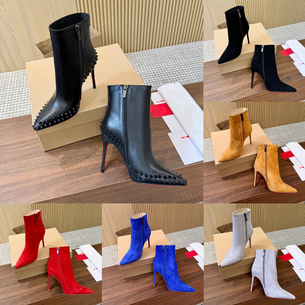 Dress Designer Luxury Black Leather Ankle Boot Booties High Heel Zipper Fashion Formal Office Womens Quality Modern Stylish Brown Red Silver White P