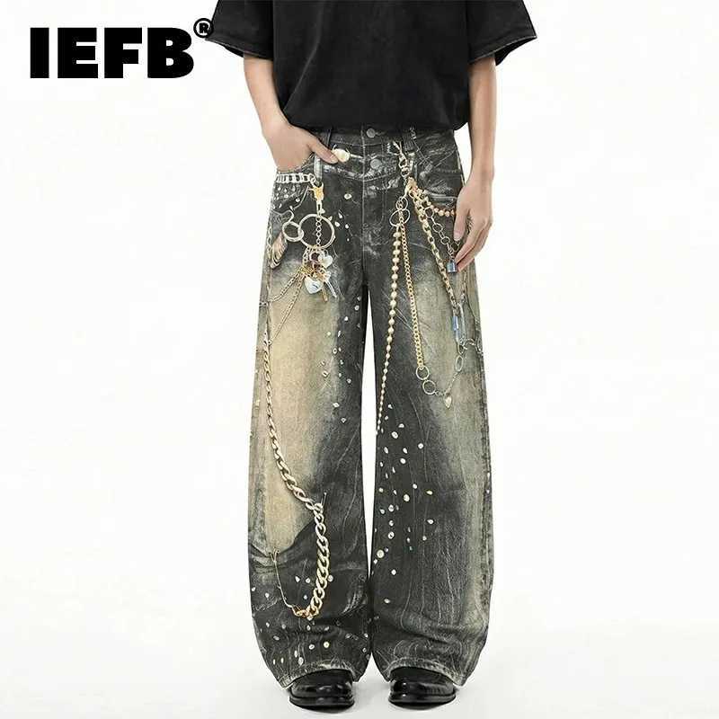 Men's Jeans IEFB Avant-Garde Men's Jeans Metal Chain Rhinestone Printting Embellished Washed Black Wide Leg Fit Streetwear Pants 9X2882T26