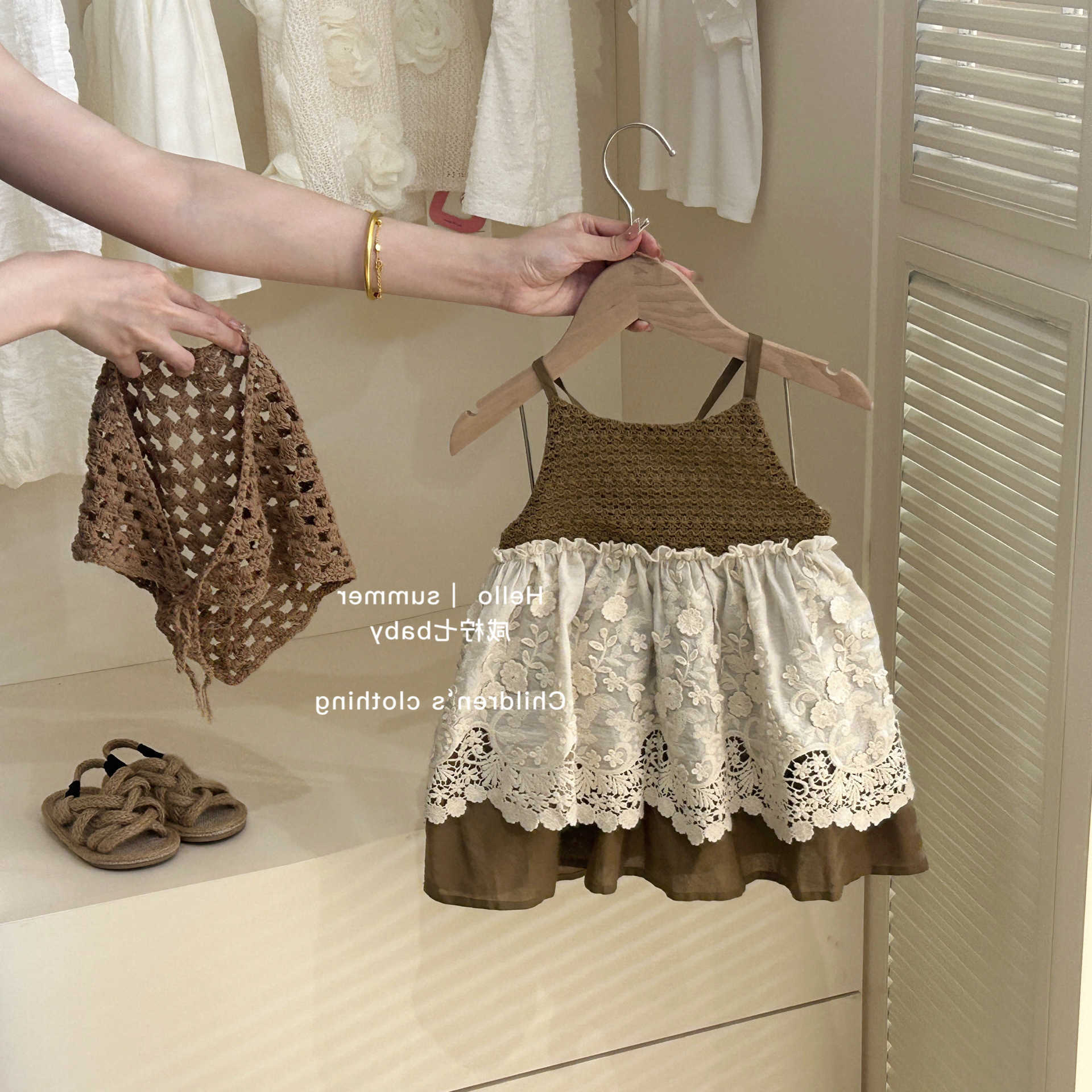 Girls Summer Casual Dresses with Hat Children's Clothing 2025 New Girls' Hollow Out Sleeveless Skirt Children's Lace Dress S2610168K9