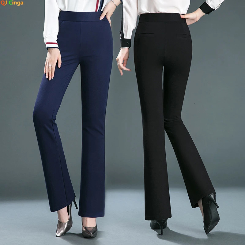 Women's Black Elastic Waist Pants Fashion Slim Flare Pant Khaki Camel Trousers Navy Blue Pantalones Female Asian Size S-10XL 261015