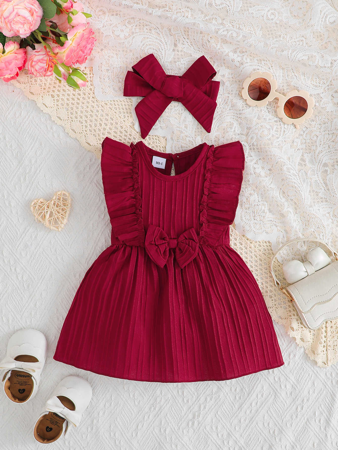 Summer 2pcs Baby Girls Burgundy Vertical Stripe Dress Set Rule Sleeve Bow Princess Dress + Matching Bow Headband Vintage Swe S261016EJ8S