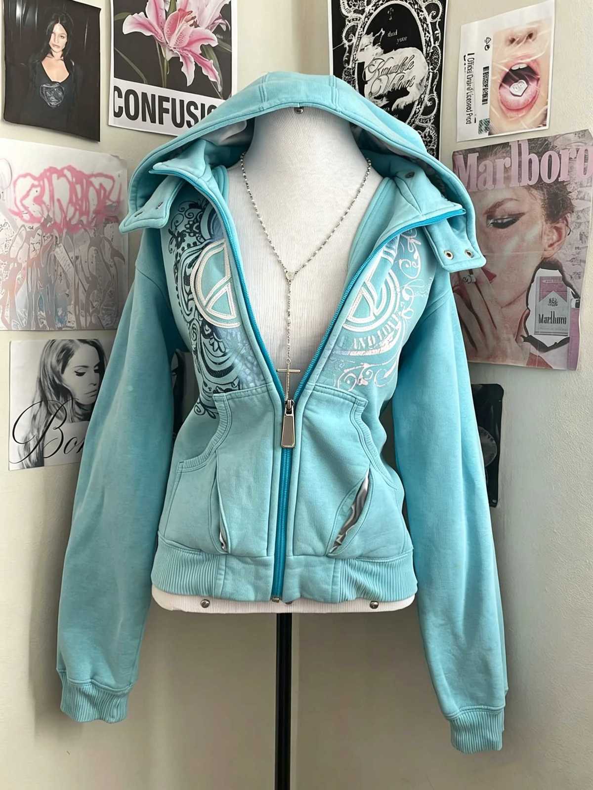 Jackets American Retro Zipper Men's Jacket 2000s Retro Blue Full Zip Hoodie Women's Harajuku Grunge Print Hoodie Streetwear N261016