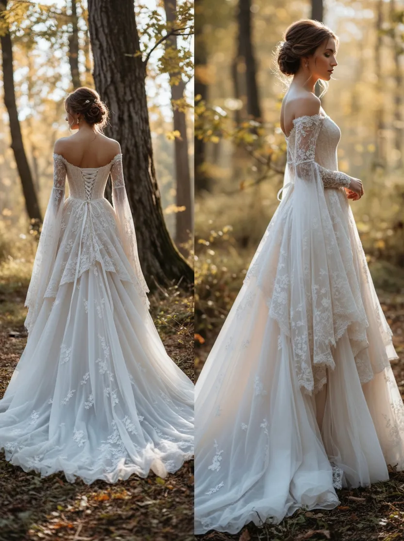 Light Champagne Simple A Line Wedding Dresses Plus Size Country Off Shoulder Long Sleeves Lace Appliques Ruffles Wedding Dress Bridal Gowns Floor Le