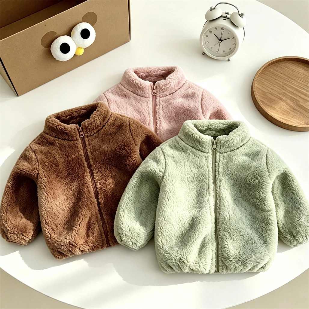 2026 Autumn Winter Clothes Plush Coats For Boys And Girls Solid Color Longsleeved Outerwear Kids Velvet Jacket 261016