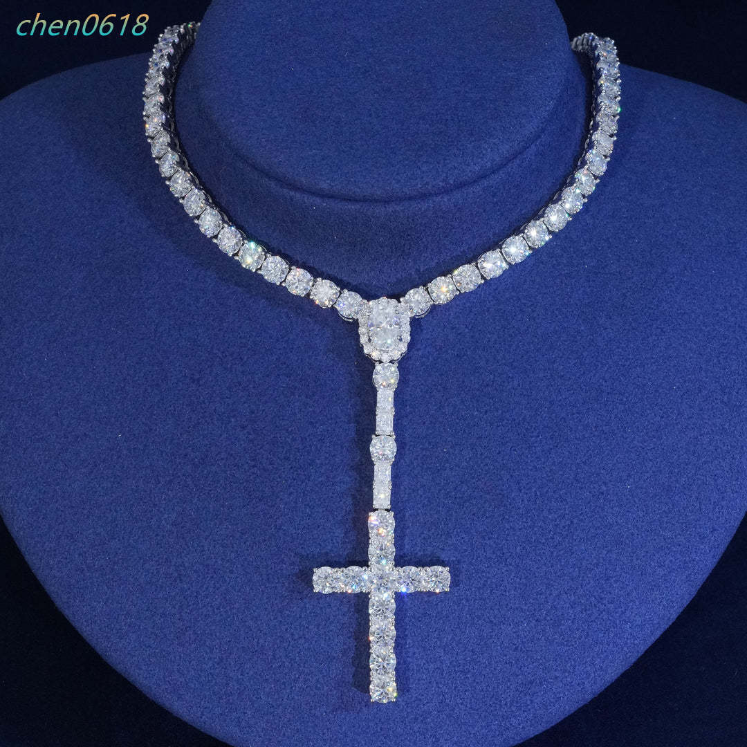 Hip Hop Jewelry Religious Moissanite Pendant Y-shaped Diamond Lasso Necklace 3mm Cross Tennis Chain Necklace for Men and Women