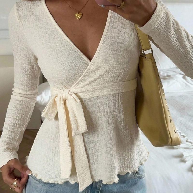 Designer surdimensionné femmes col en V à lacets à manches longues T-shirt Slim Fit solide haut en tricot élégant automne Streetwear quotidien tr