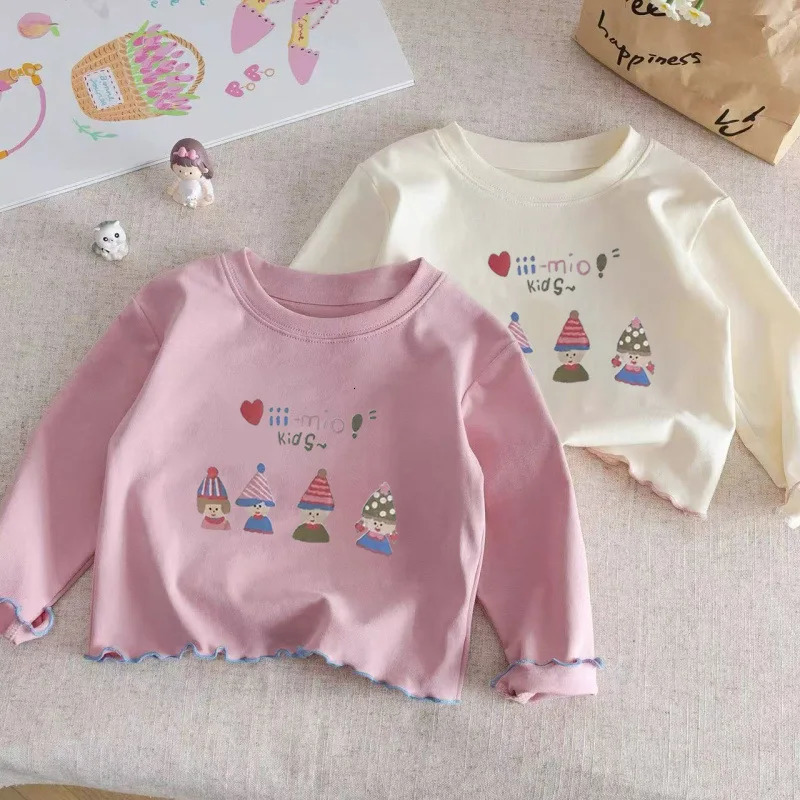 100% Cotton Children'S Pink White T-Shirts 2025 Autumn Girls Casual Solid Long Sleeved Tops For Kids Cartoon Print Tshirts261016