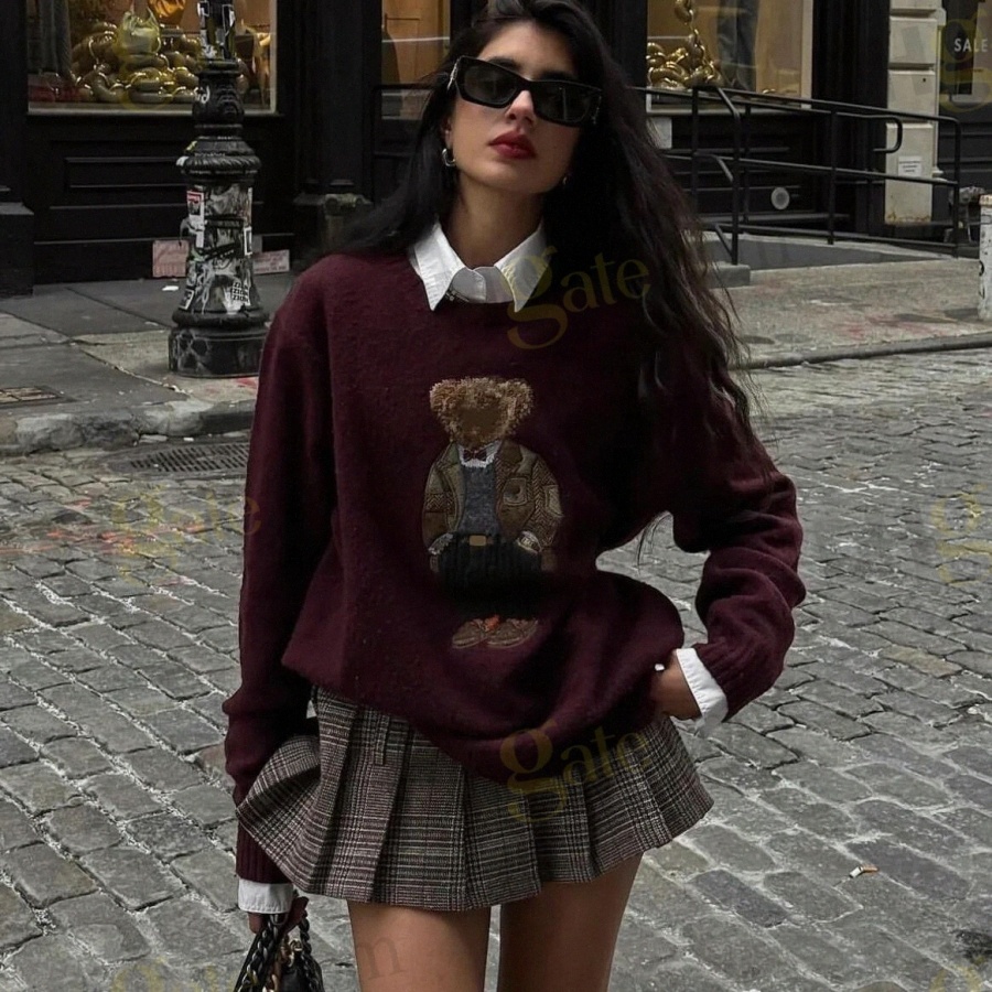 Free Shipping Men Women Crew Neck Knit Sweater Cute Cartoon Bear Jacquard Pattern Long Sleeve Loose Preppy Style Warm Pullover Jumper f0j1#