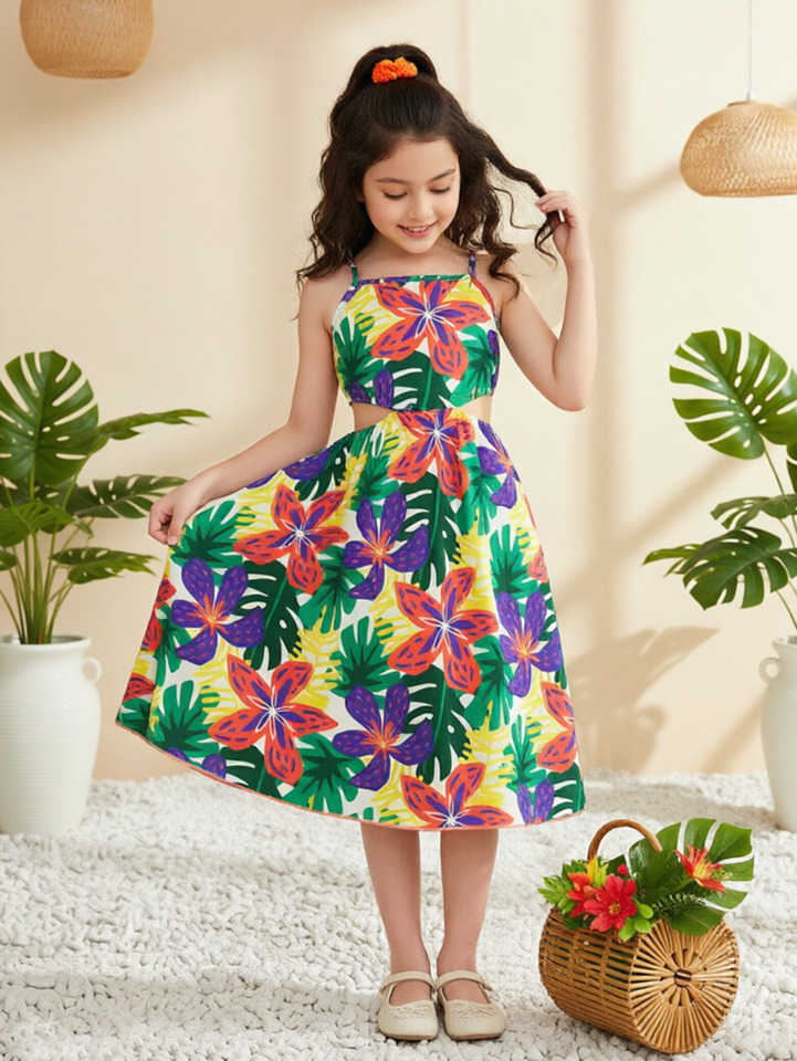 Girls Summer Dress Tropical Floral Print Spaghetti Strap Cut Out Waist Beh Dresses Hawaiian Holiday Outfits Kids Clothing 5-12 S261016I6VL