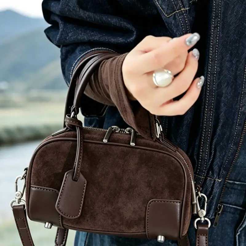 Totes Women's Natural Suede Leather Mini Boston Handbag Luxury Designer Matte Nubuck Contrast Leather Trim Top Handle Crossbody Bag X261016