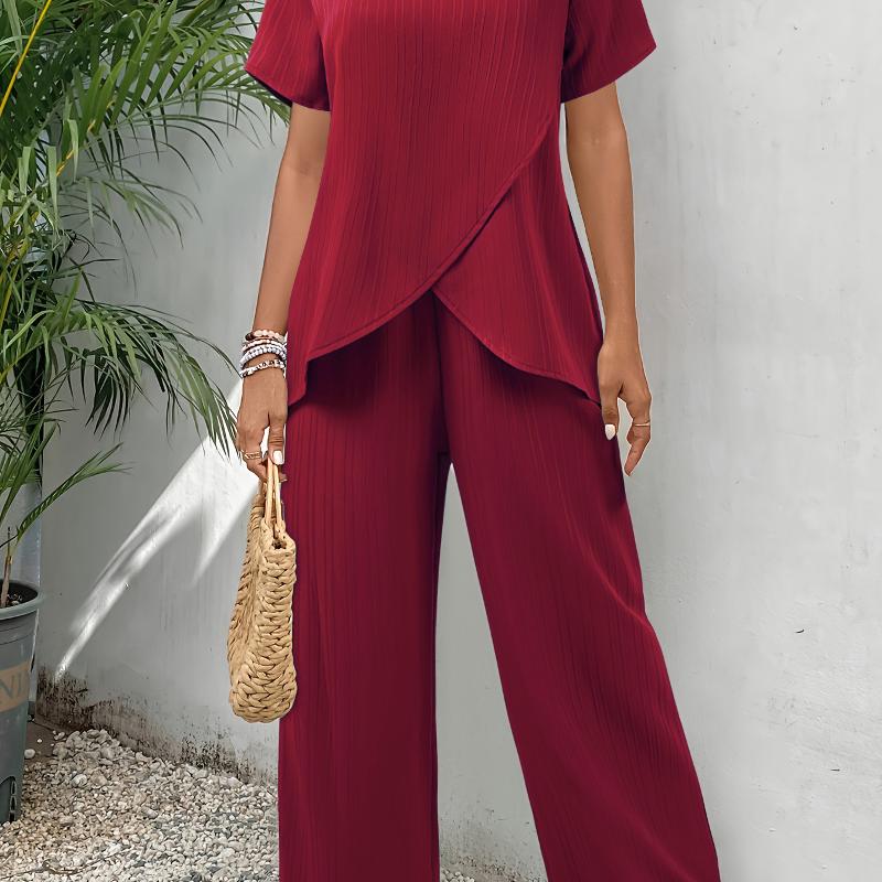 Designer Oversized Women Summer 2 Piece Outfit Wide Leg Pants Set Chiffon Top Casual Elegant Solid Color Asymmetric S-2XL