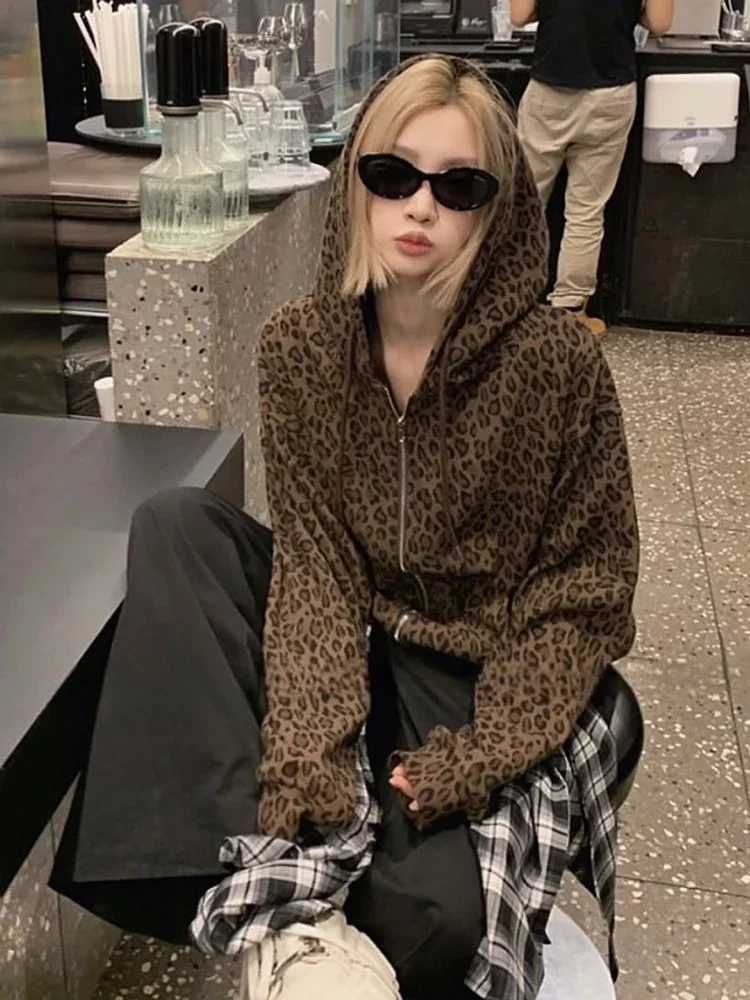 Womens Men's Jackets Autumn New Y2K Leopard Print Zip Up Hoodie Hooded Sweatshirt Long Sleeve Drawstring Pockets Loose Casual Streetwear Comfy
