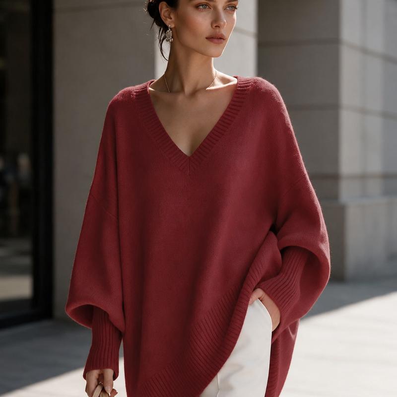 Designer Women's Long Sleeve V Neck Loose Sweater Solid Color Oversized Pullover Jumper Fall Winter Casual Top