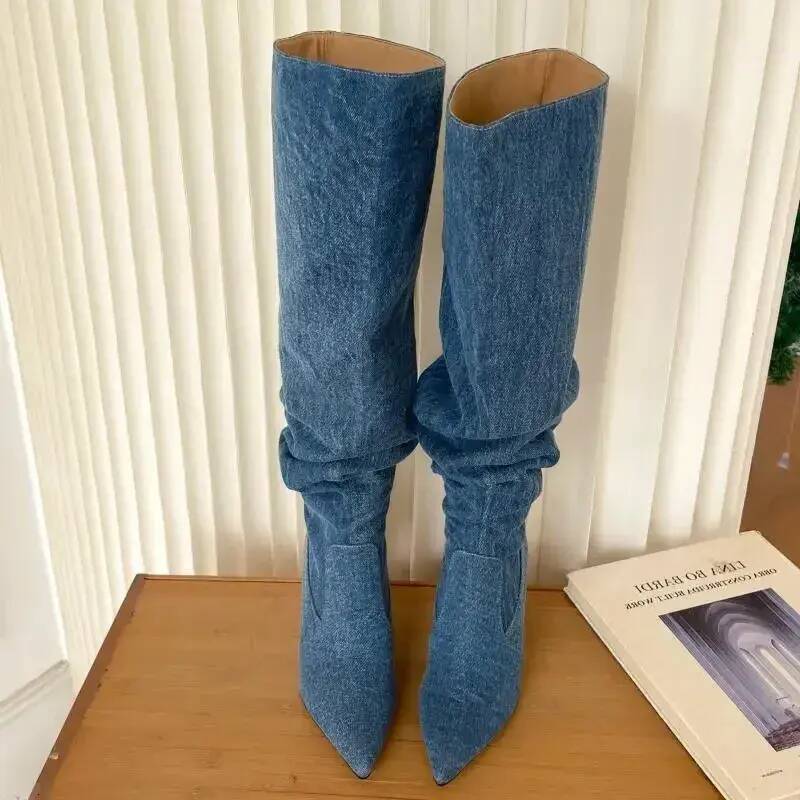 Women Boots Women Boots Long Retro Pointed Toe Denim Western Knight Ladies ankle Ankle Zip Shoes Fashion High Heel Knee 2026 E74e Ladies e2