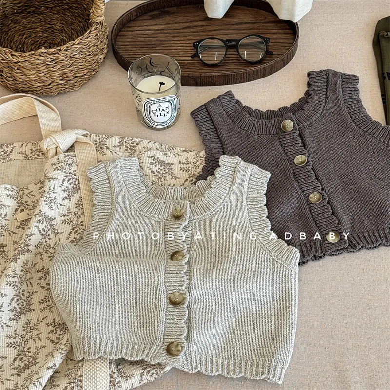 deer jonmi 2024 Autumn Baby Girls Knitted Vests Solid Color Korean Style Sleeveless Coat Toddlers Kids Casual Waistcoats261016