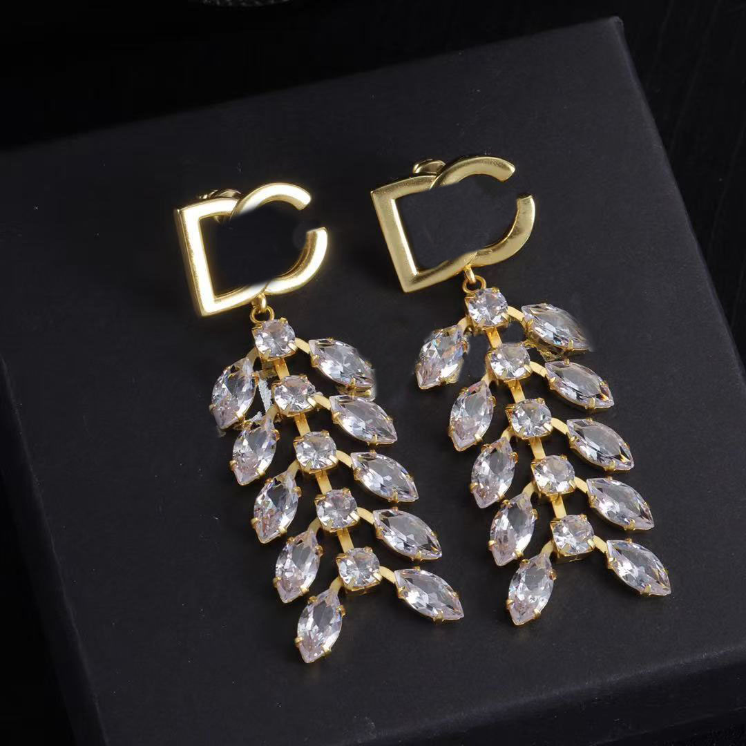Gold Color Leaf Shape Zircon Tassel Dangle Earrings for Women Luxury Designer Wheat ears Crystal Pendant Earrings Elegant Wedding Party Statement Je