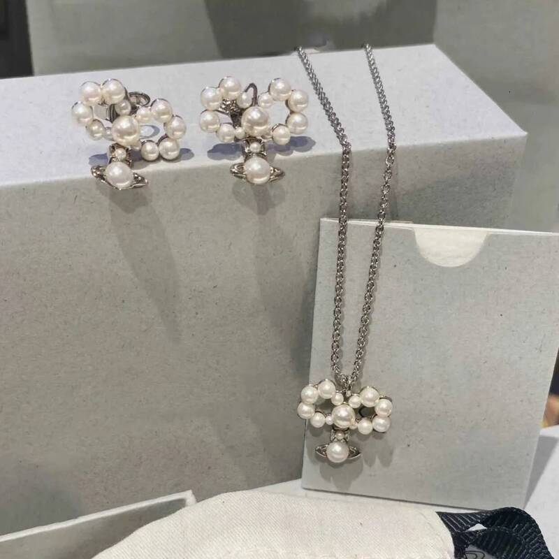 Women Imitation Pearl Cosmic Planet Jewelry Set, Silver Tone Pearl Cluster Orb Pendant Necklace & Stud Earrings, Elegant Statement Jewelry Gift for