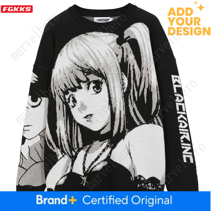 FGKKS Mens Hip Hop Streetwear Harajuku Sweater Vintage Japanese Style Anime Girl Knitted Pullover Sweaters Male