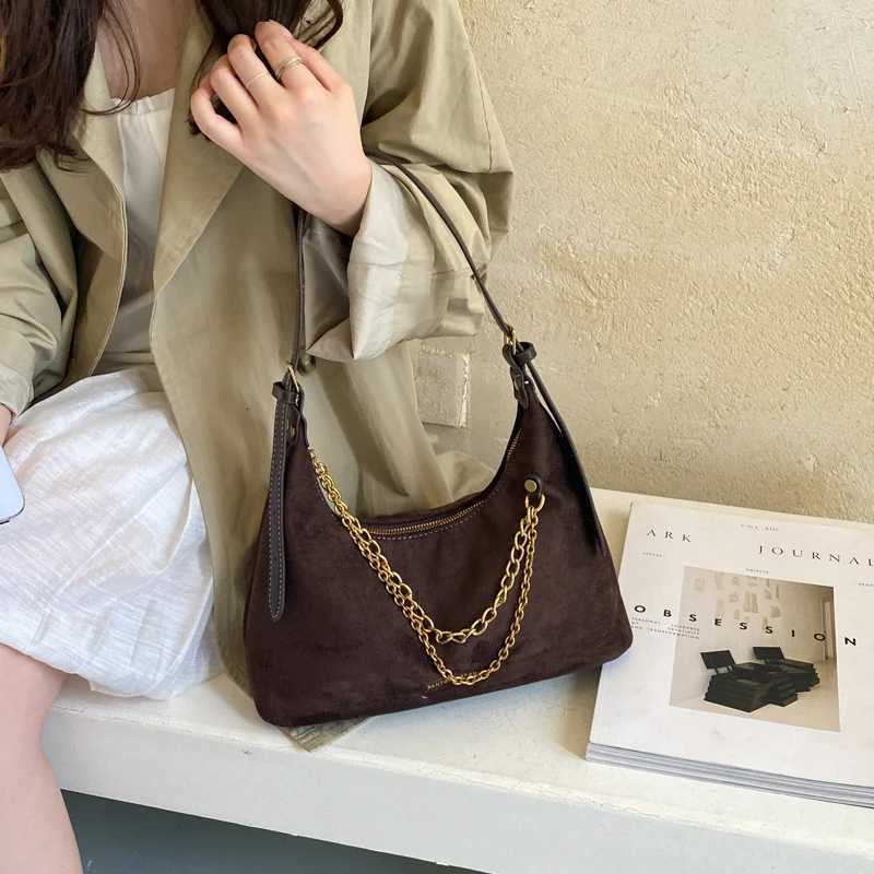 Shoulder Bags Retro suede women's shoulder bag retro double gold chain crescent shaped armpit bag autumn commuting bag X261016