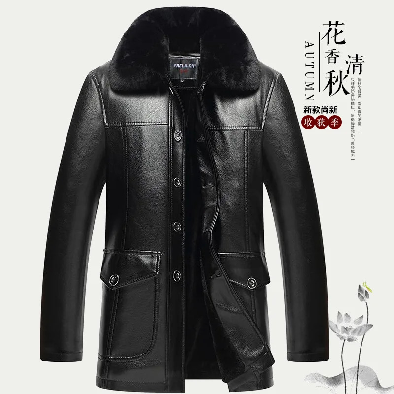 Men Winter Mid Length PU Leather Coat Thick Fleece Lined Fur Integrated Outerwear Warm Windproof Casual Jacket 261014