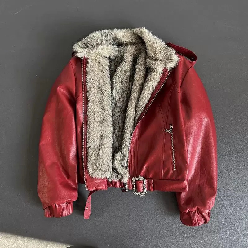 Red Black White Fur Inner Liner Winter Leather Jacket Man Woman Punk Vintage Thicken Warmer Furry Coat 261014