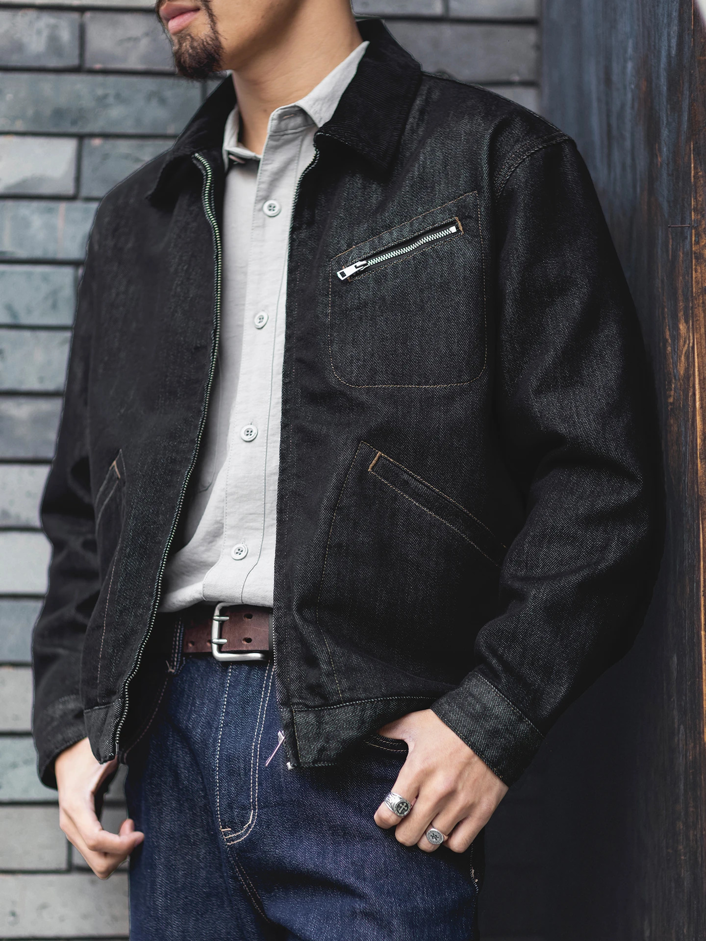 American Detroit Loose Fit Casual Denim Jacket Men's Black Workwear Coat Spring Autumn Cotton Polyester Blend 261012