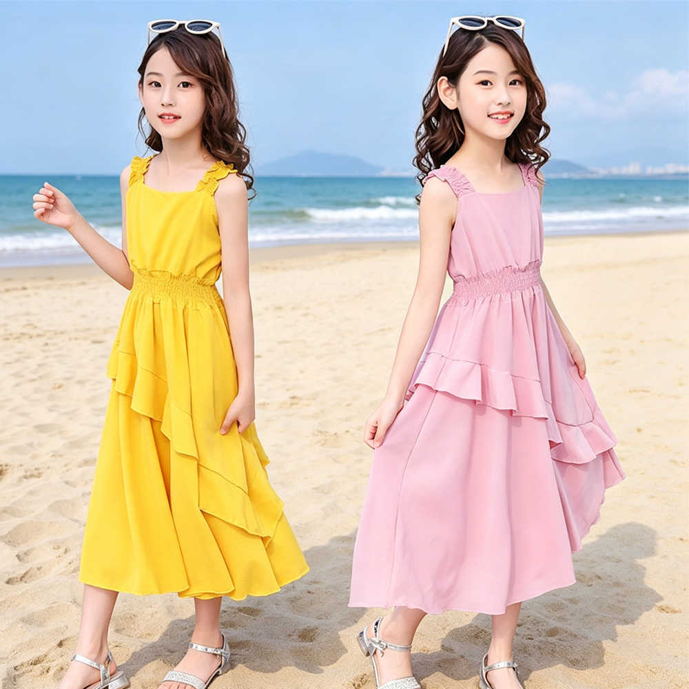 Girls Teen Summer Dresses 2026 New Kid Casual Solid Color Sleeveless Strap Waist Sundress Children Vation Style Princess Dress S261016E36K