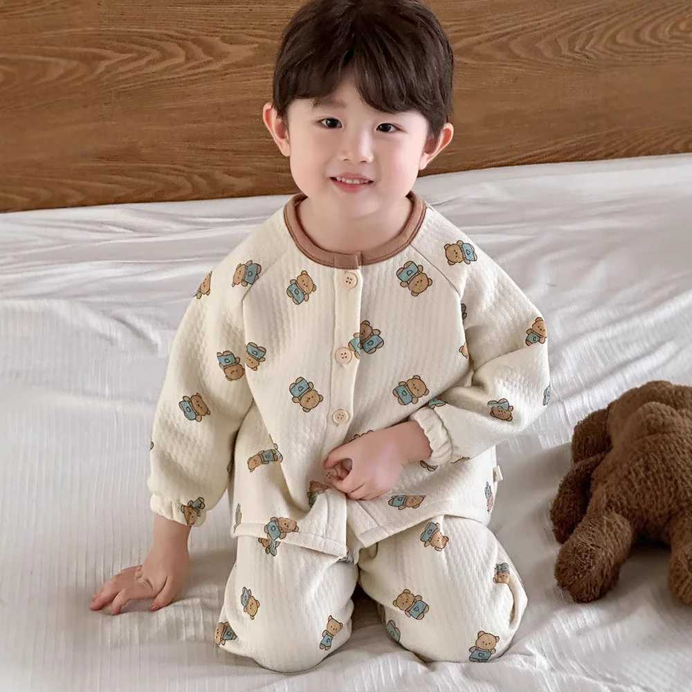 Pajamas Boys' Loungewear Spring and Autumn Pure Cotton Clip Thin Cotton Warm Button Crew Neck Cardigan Baby Girl Pajamas SetW261019