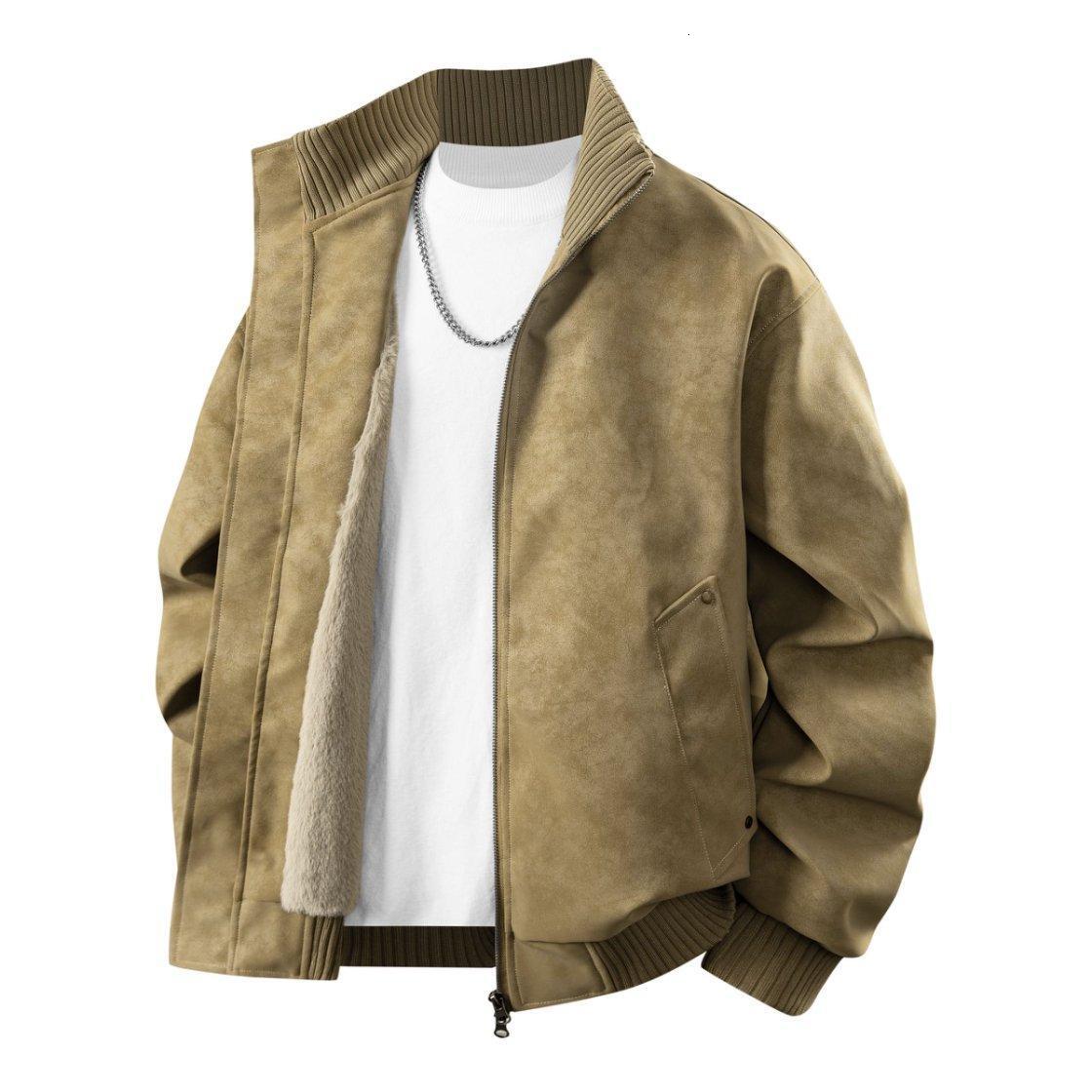Men's oversized stand-up collar, leather jacket, outerwear, men's loose-fitting, wrinkle-resistant casual jacket