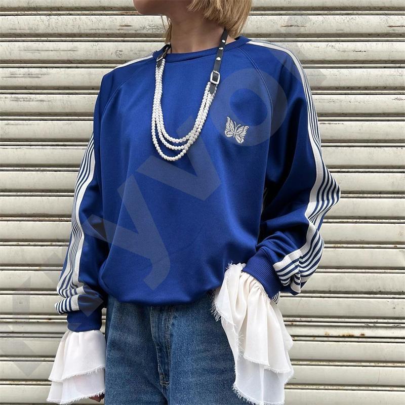 Women Oversized Raglan Sweatshirt Butterfly Embroidery White Side Striped Long Sleeve Pullover Soft Fabric Street Style Men Crew Neck Top Loose Fit