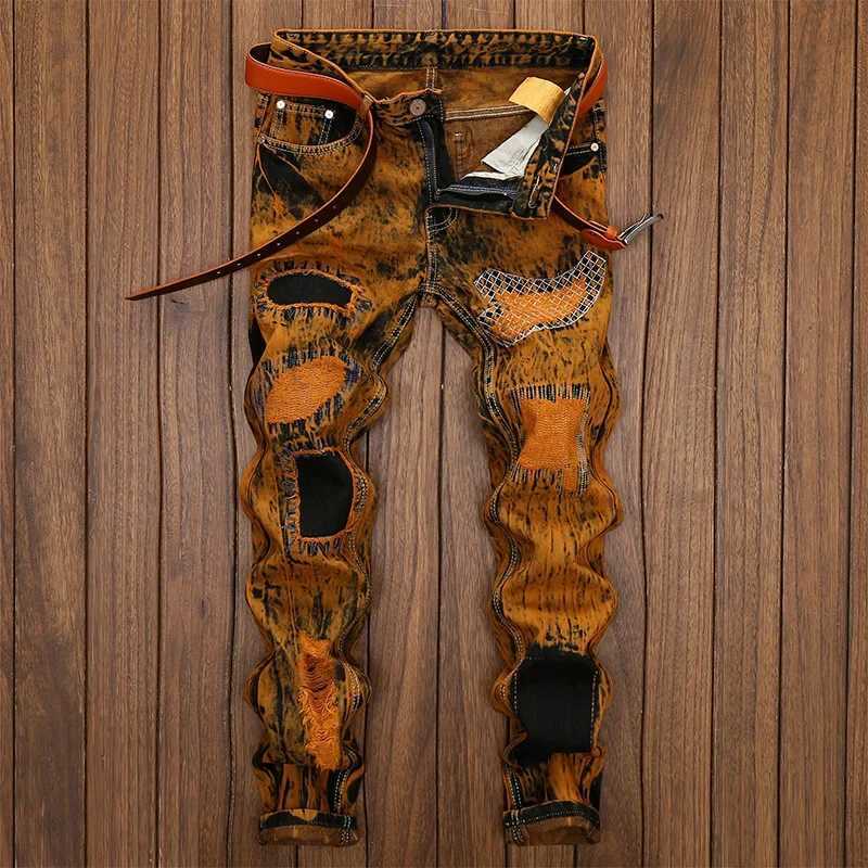 Men's Jeans Autumn New Vintage Jeans Men's Ripped Straight Slim-fit Jeans Patchwork Personalized Distressed Hip-hop Streetwear Man Clothes