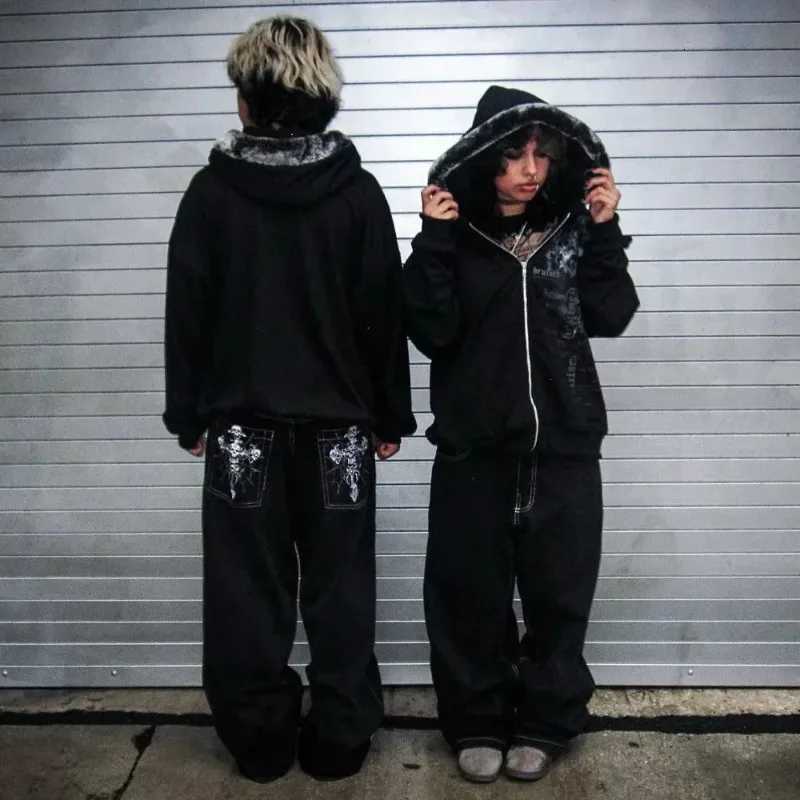 Men's Jeans Men's Y2K Street Hip Hop American Gothic Rock Skeleton Bone Letter Pattern Oversized Jeans Harajuku Loose Wide Leg Work PantsT